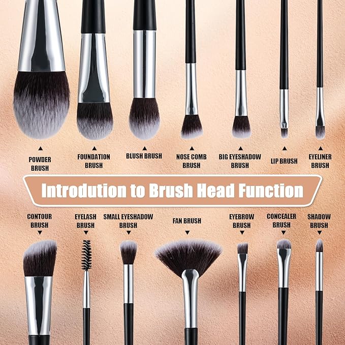 Makeup Brushes, 14 Pcs Professional Makeup Brush Set, Eye and Face Foundation Brush Set, Eyeshadow Brushes, Cosmetic Brushes, with PU Bag, Black