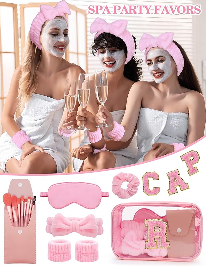 Gift Sets for Women, Initial Makeup Bag with Makeup Brush Set Bachelorette Party Favors, Pink Spa Kit with Skincare Headbands Wrist Bands Sleepover Party Supplies Gifts for Teen Girls Bridesmaid R