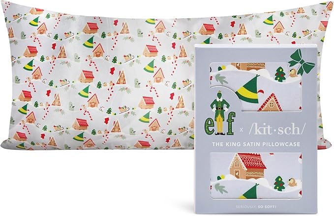 Kitsch x Elf Periwinkle Christmas Satin Pillowcase, Softer Than Silk Pillow Cases King, Cooling Pillow Covers, Satin Pillowcase with Zipper for Hair, Skin & Quality Sleep, Wrinkle-Free, Smooth, 19x36