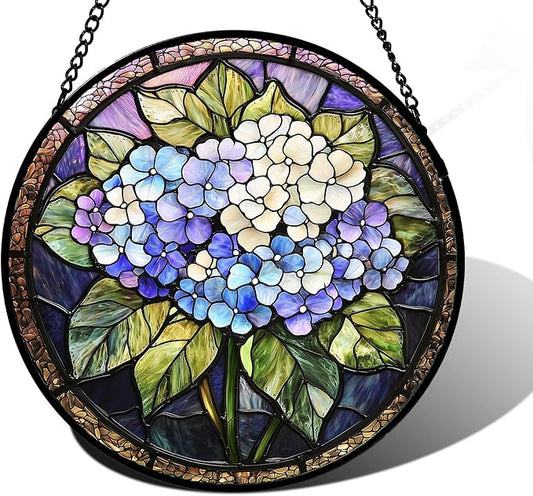 Stained Glass Window Hanging, Hydrangea Flowers Sun Catchers Diamond Glass Panel Hangings Plant Suncatcher Decor for Birthday for Women, Men, Wife, Aunt, and Mom 9.8 in
