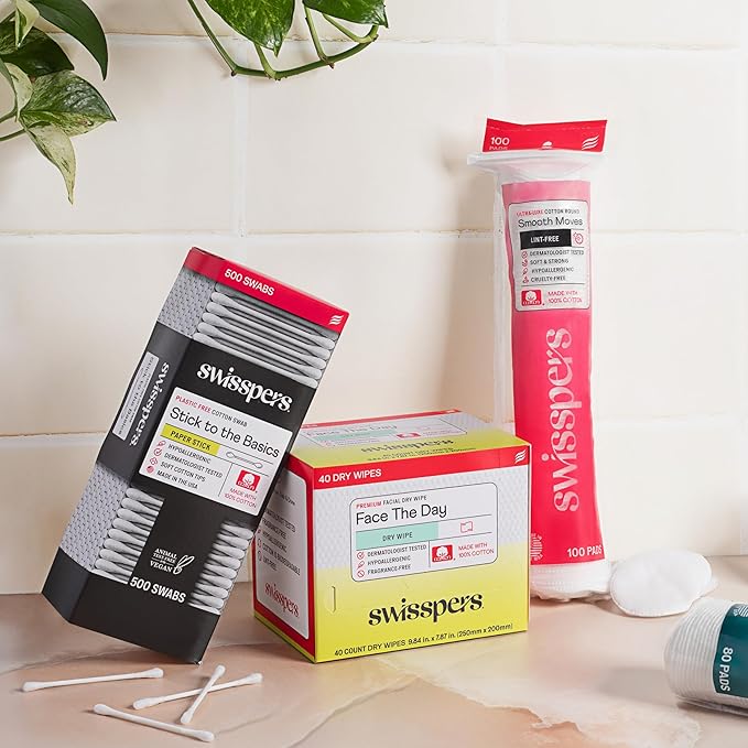 Swisspers Smooth Moves Ultra-Luxe Premium Cotton Rounds, Hypoallergenic Makeup Remover Pads for Sensitive Skin, USA Made, Vegan, Lint-Free, Paraben Free, 100 Count