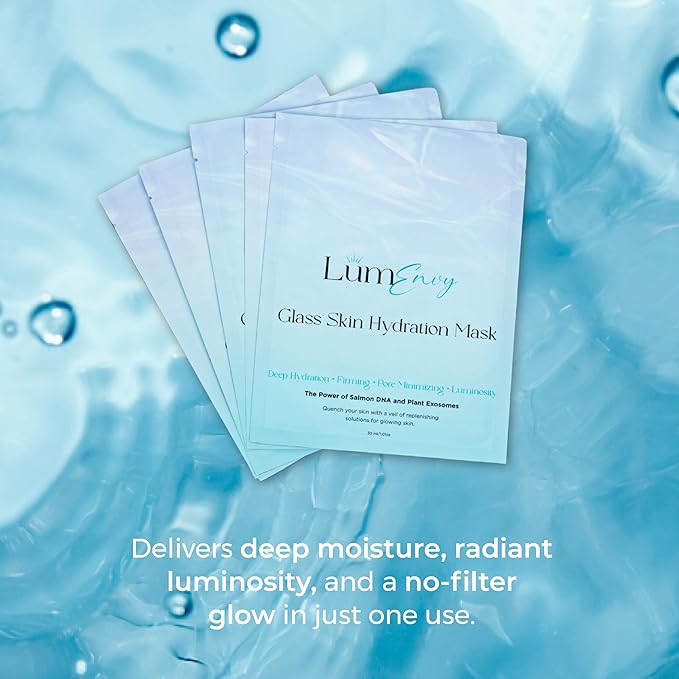 LúmEnvy Glass Skin Hydration Mask | Salmon DNA (PDRN) & Centella Collagen Face Mask - Deep Hydration, Pore Refining, Brightening & Firming Bio-Cellulose Facial Sheet for Radiant Glow