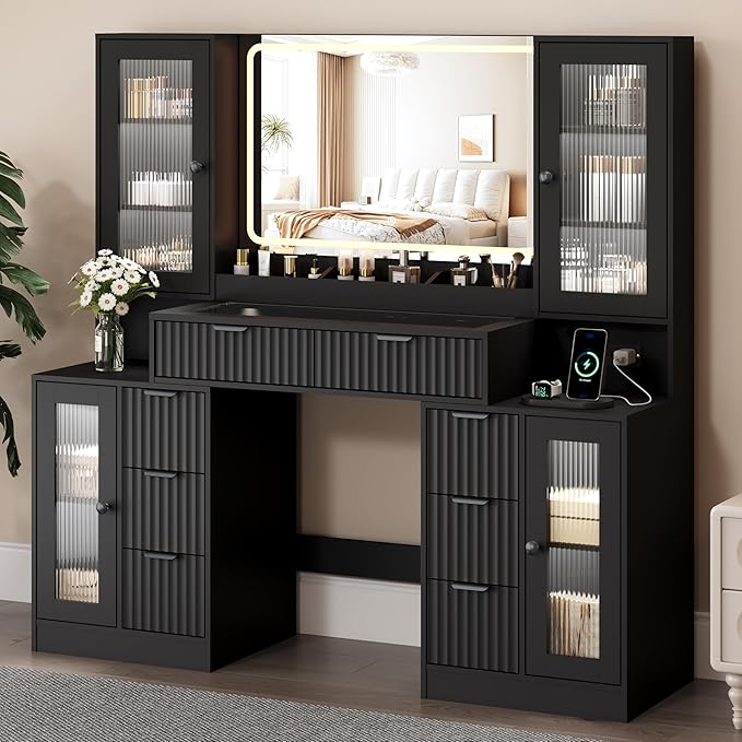 55" Vanity Desk with Mirror & Lights, Fluted Makeup Vanity with 8 Drawers & 4 Cabinets, Tempered Glass Top, RGB Cabinet Lighting, 3-Color Dimmable Mirror, and Charging Station (Matte Black)