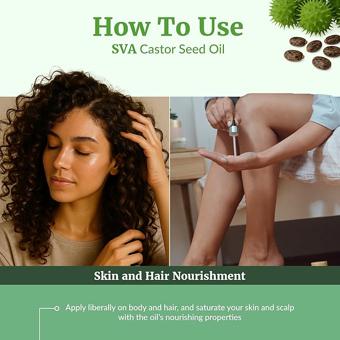 SVA Castor Seed Oil Organic - 16 Fl Oz – 100% Natural Cold Pressed Organic Castor Oil - for Face, Skin Care, Hair Care, Scalp Massage & Body Massage with Pump