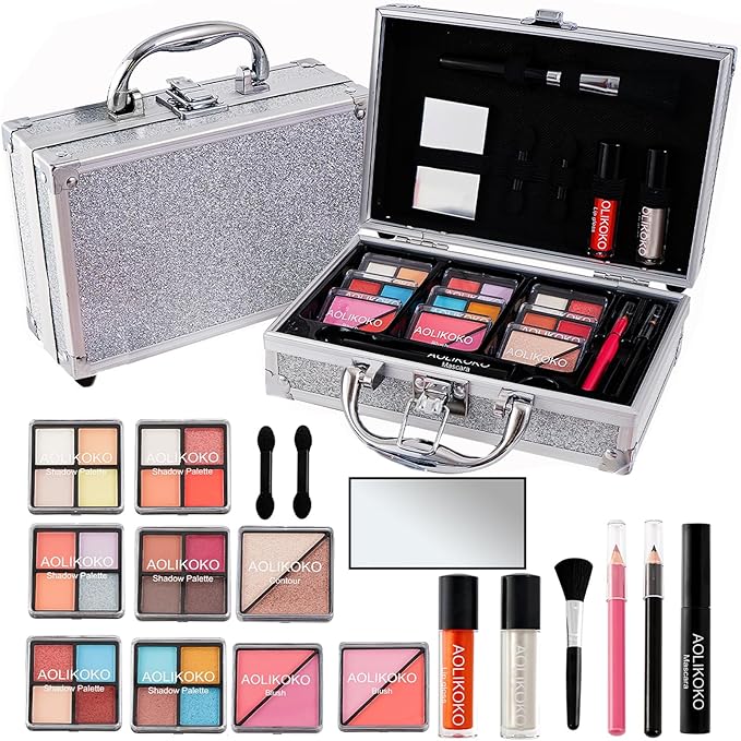 Makeup Kit for Teenager & Women Full Kit, All in One Makeup Set With The Small Cosmetic Train Case, Professional Makeup Kit, Makeup Gift Set for Women Girls (silver)