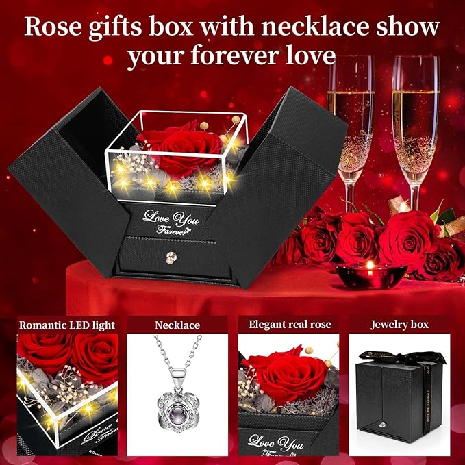 2 Preserved Real Rose with Heart I Love You Necklace- Eternal Rose Birthday Gifts for Women Wife Girlfriend Her Mom Grandma on Festivals Gifts Christmas Valentines Mothers Day Anniversary-Red Rose
