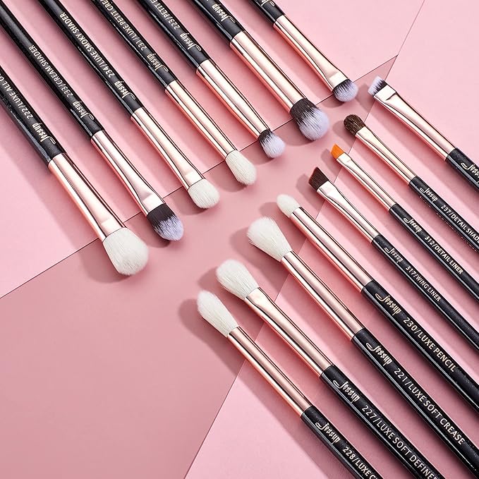 Jessup 15Pcs Professional Makeup Brushes Set Make up Brush Tools kit Eye Liner Shader Wood Handle Natural-synthetic Hair Brushes Pearl Black/Rose Gold T157