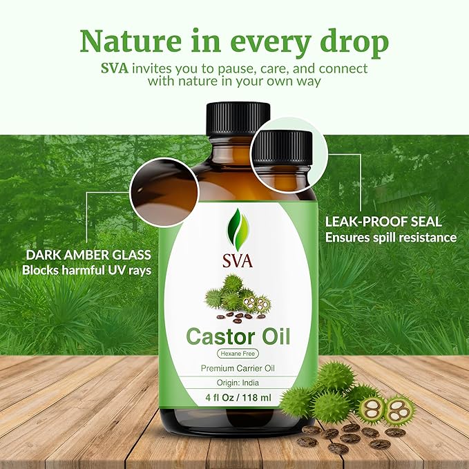 SVA Castor Seed Oil - 4 Fl Oz – 100% Natural Cold Pressed Castor Oil - for Face, Skin Care, Hair Care, Scalp Massage & Body Massage – Carrier Oil with Dropper