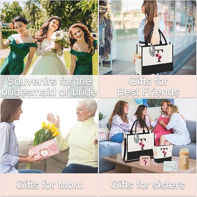 Birthday Gifts for Women,Initial Canvas Tote Bag,Monogrammed Gift for Women,16oz Initial Glass Cup,Makeup Bag with Zipper,Jewelry Organizer Box,Personalized Gifts for Mom-T