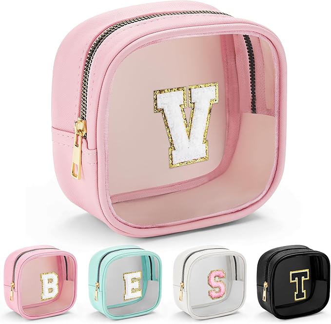 YOOLIFE Initial Make Up Bag Travel Toiletry Bag, Clear Makeup Bag Preppy Cosmetic Bags Organizer Travel Essentials Gifts for Women Teen Girlfriend Teacher Mom Birthday Mothers Day Gifts