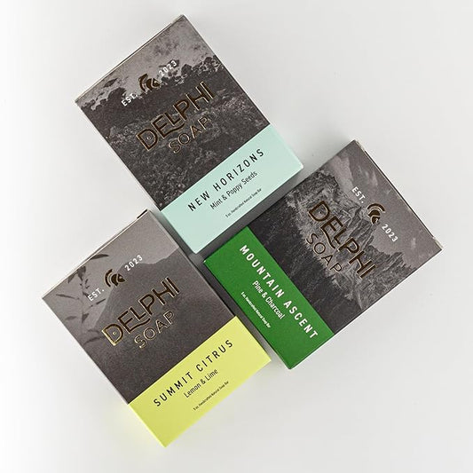 DELPHI Soap Men's Natural 5 oz Moisturizing Bar Soap Made from Natural Oils - Mountian Man 3 pack - Exfoliating - Mountain Ascent, Summit Citrus and new Horizons 3 Bundle