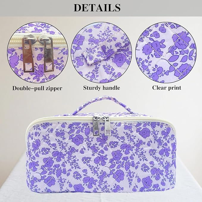 Purple Large Quilted Floral Makeup Bag Cute Coquette Aesthetic Cosmetic Bag Open Flat Travel Toiletry Make up Bag for Women
