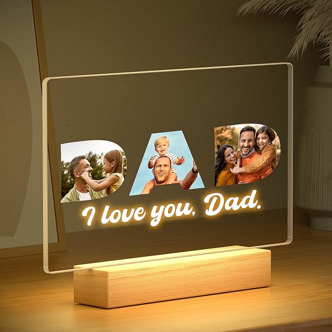 Custom Dad Picture Frame with Photo, Personalized Photo Frame with Night Light, Customized Picture Frames, Personalized Christmas Birthday Gifts for Dad from Daughter & Son