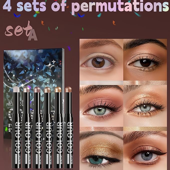MAEPEOR Eyeshadow Stick Set 6 PCS Highly Pigmented Cream Eyeshadow Pen Waterproof and Long Lasting Shadow Pencil (Set 01)