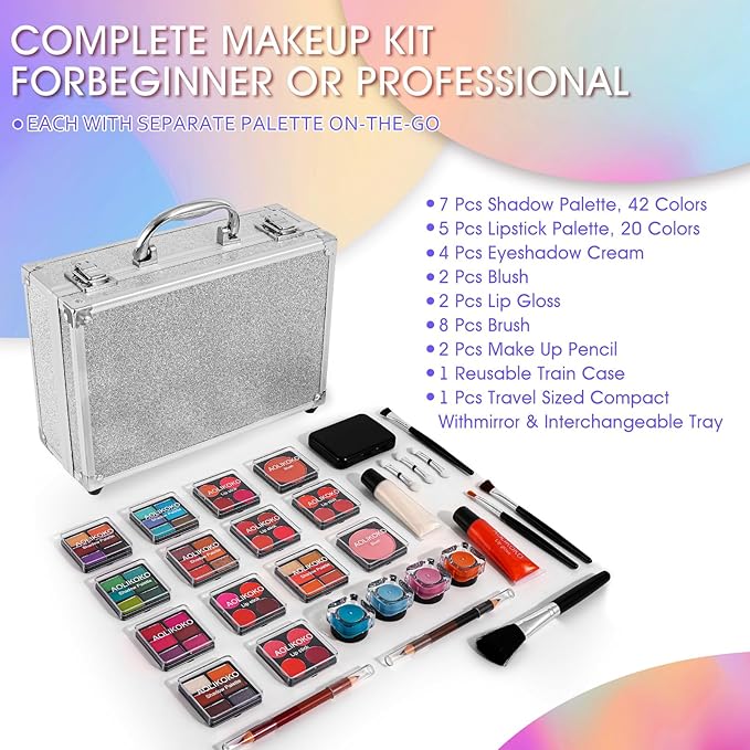 Makeup Kit for Teenager & Women Full Kit, All- In- One Makeup Set With The Cosmetic Train Case, Professional Makeup Kit, Makeup Gift Set for Women Girls(silver)