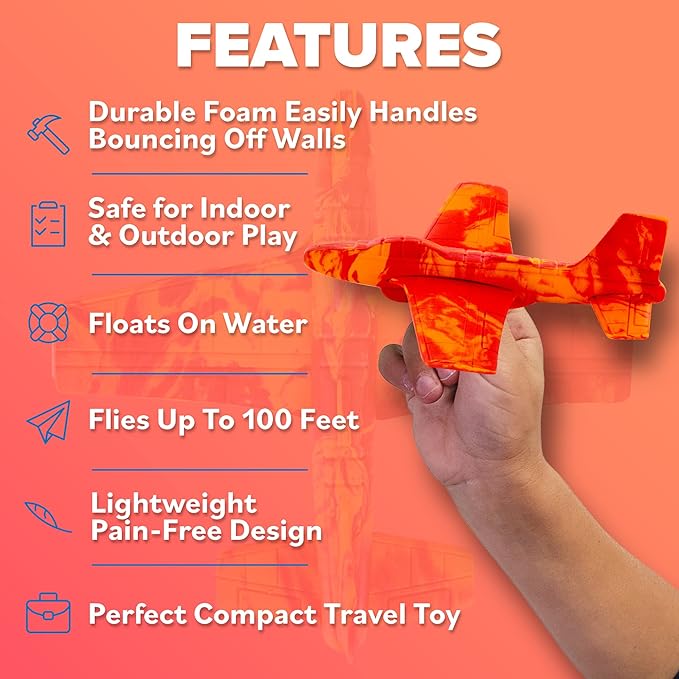 Airplane Toy Foam Glider Plane for Kids - Christmass Gifts for Grandkids - Kids Stocking Stuffers for Boys & Girls - Outdoor Toys & Fun Flying Gliders Easy Throwing Air Planes - Gifts for Age 4 5 6 7+