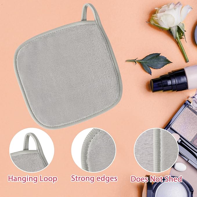 Makeup Remover Cloth, 6" x 6" Make Up Towels Reusable Face Cloth for Washing Face, 12 Pack Makeup Remover Pads Microfiber Face Washcloth with Mesh Bag, Light Grey