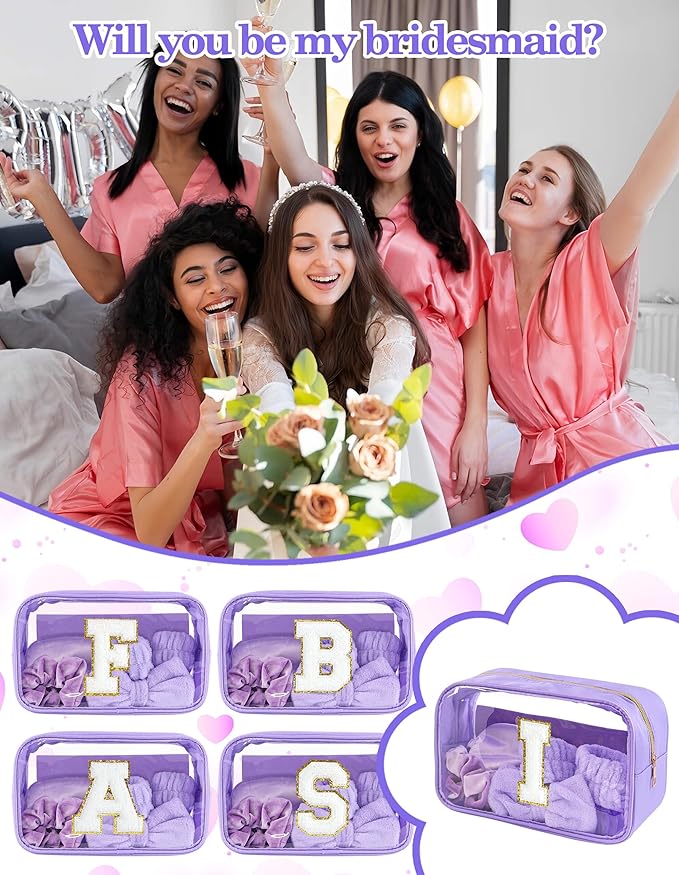 Gift Sets for Women, Initial Makeup Bag with Makeup Brush Set Bachelorette Party Favors, Purple Spa Kit with Skincare Headbands Wrist Bands Sleepover Party Supplies Gifts for Teen Girls Bridesmaid I