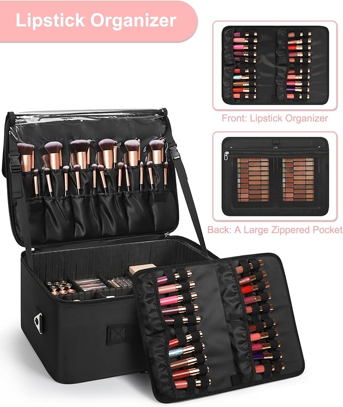 Relavel Extra Large Makeup Case Professional Cosmetic Storage Organizer Box Brush Holder with 4 Clear Set Bags & Lipstick Plate for Makeup Artists with Shoulder Strap & Adjustable Dividers