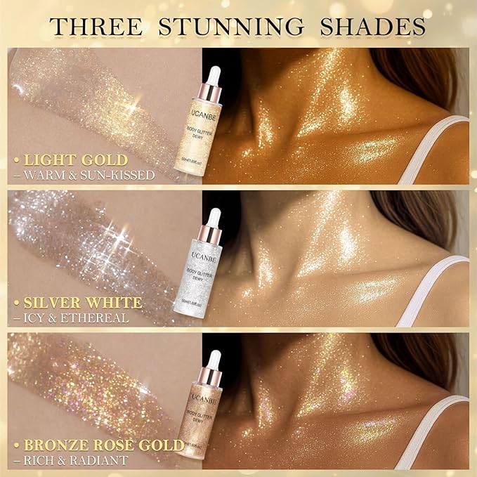 Liquid Glitter Highlighter Glow Drops – Face Highlighter & Body Shimmer Makeup, Illuminating Radiant Glow for Festival Rave Party, Long Lasting 02 Silver Fairy White