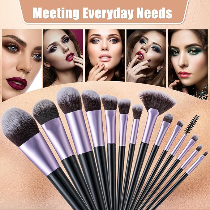 Makeup Brushes, 14 Pcs Professional Makeup Brush Set, Eye and Face Foundation Brush Set, Eyeshadow Brushes, Cosmetic Brushes, with PU Bag, Pale Purple