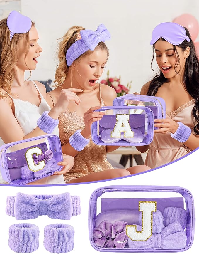 Gift Sets for Women, Initial Makeup Bag with Makeup Brush Set Bachelorette Party Favors, Purple Spa Kit with Skincare Headbands Wrist Bands Sleepover Party Supplies Gifts for Teen Girls Bridesmaid J