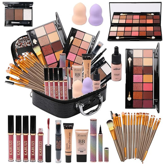 All in One Makeup Kit - 2X14 Eyeshadow Palette, Liquid Foundation, Eyeliner Pencils, Contouring Stick, Lip Gloss, 20Pcs Makeup Brushes (Black)