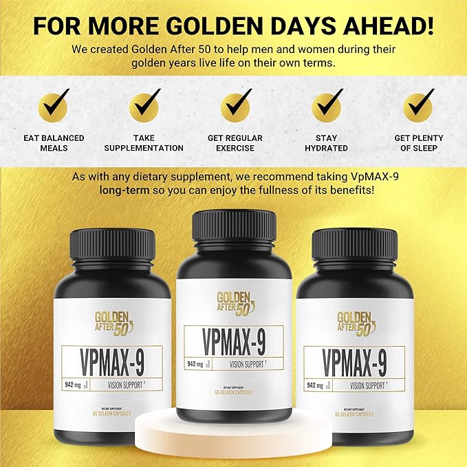 Golden After 50 VpMax-9 - Sight Care and Antioxidant Supplement with Eye Vitamins, Lutein, Lycopene and Bilberry Extract - 3 Bottles