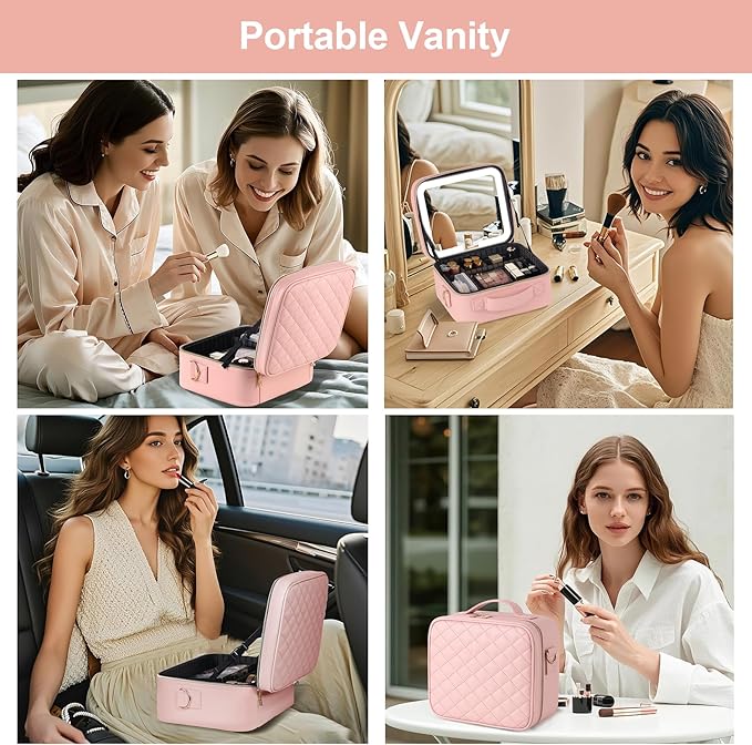 BEAUTY CASE Makeup Case with LED Light Mirror, 10 Inch Portable Travel Cosmetic Organizer Bag with Adjustable Dividers, Rechargeable, Large Capacity, Bright Lighting, Gift for Women Girls, Pink