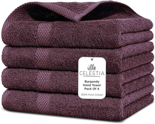 100% Cotton Hand Towel Set of 4, (16 x 28 inches) Sustainable, Soft, Highly Absorbent, Quick Drying, Combed Cotton Hand Towels Pack of 4 Ideal for Hotels, Spa, Bathroom, Dorm, Burgandy