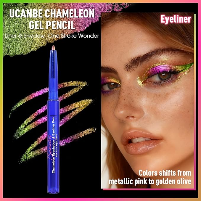 UCANBE Chameleon Eyeshadow & Eyeliner Gel Pencil - Multichrome Shifting Colors Metallic Glitter Eye Makeup,Waterproof Long-Lasting Smudge-Proof Multi-Dimensional Color (Metallic Pink to Golden Olive)