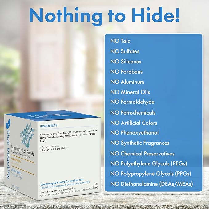 Blue Beautifly Spirulina Clay Mask for Face - Firming Face Mask Detoxifies Pores and Restores Skin’s Natural Vitality - 100% Organic Plant Powders, Colloidal Oatmeal, and French Rose Clay - 1.6 oz