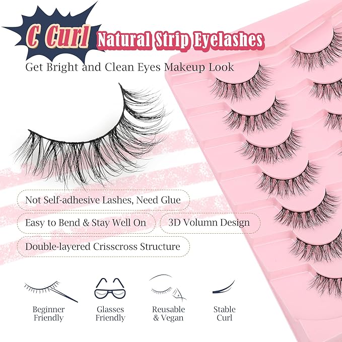 Lashes Natural Wispy Eyelashes 15mm Strip Lashes Pack False Eyelashes 0.1MM Thin Band C Curl Eye Lashes 3D Volume False Eyelashes Siligli Lashes 7 Pair