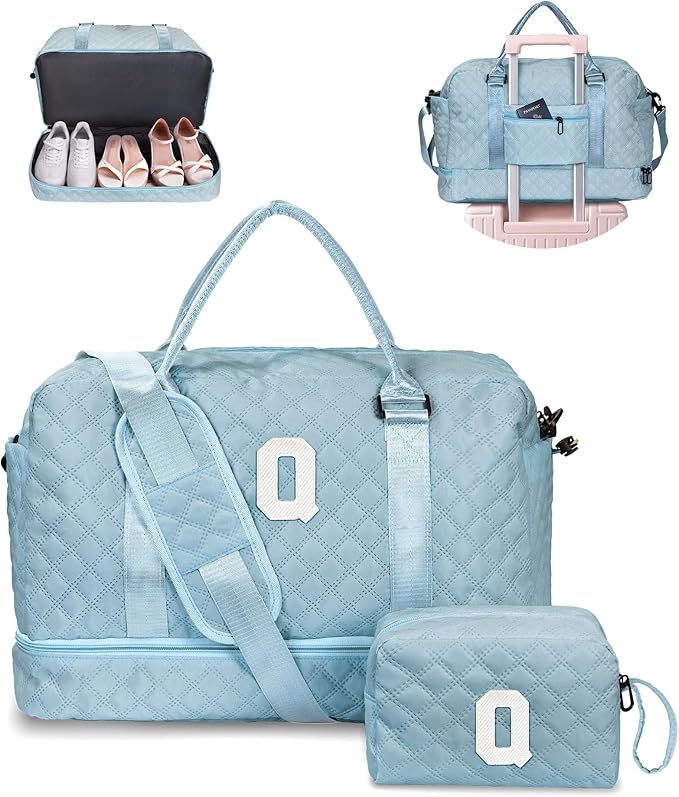 Personalized Gifts-Initial Overnight Bag with Shoe Compartment, Personalized Weekender Bag, Monogram Overnight Bag, Letter Travel Bag with Makeup Bag，Birthday Gift For Women Girl (Letter Q)