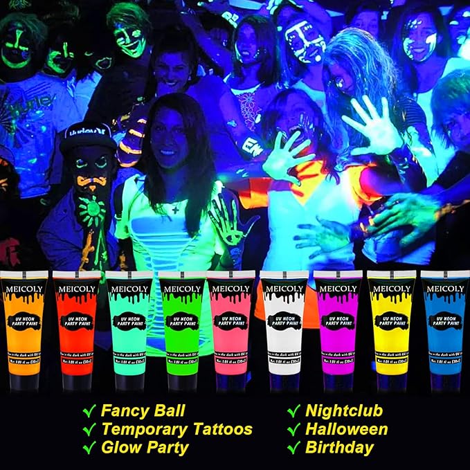 MEICOLY Glow Blacklight Face Body Paint Set,Neon Face Paint Kit,1.06x9oz/Box with Sponges,Blacklight Reactive Paints,Glow in the Dark Body Paint Neon Party Supplies,Neon Fluorescent Face Paint Makeup