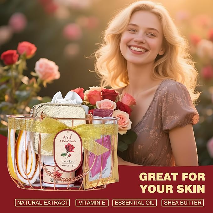 21Pcs Bath and Body Gift Basket Set for Women Christmas Gifts- Rose Vanilla XL Spa Gift Basket for Women Gifts｜ Bath Gift Set Home Bath Spa Self Care Kit - Thank You, Birthday Spa Gift Baskets