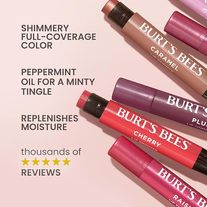 Burt's Bees Christmas Gifts, Lip Shimmer Nude Collection, Tinted Lip Balm Stick, Moisturizing for Hydration with Natural Glowy Pigmented Finish & Buildable Color, Value Pack, 3 Tubes x 0.09 Oz