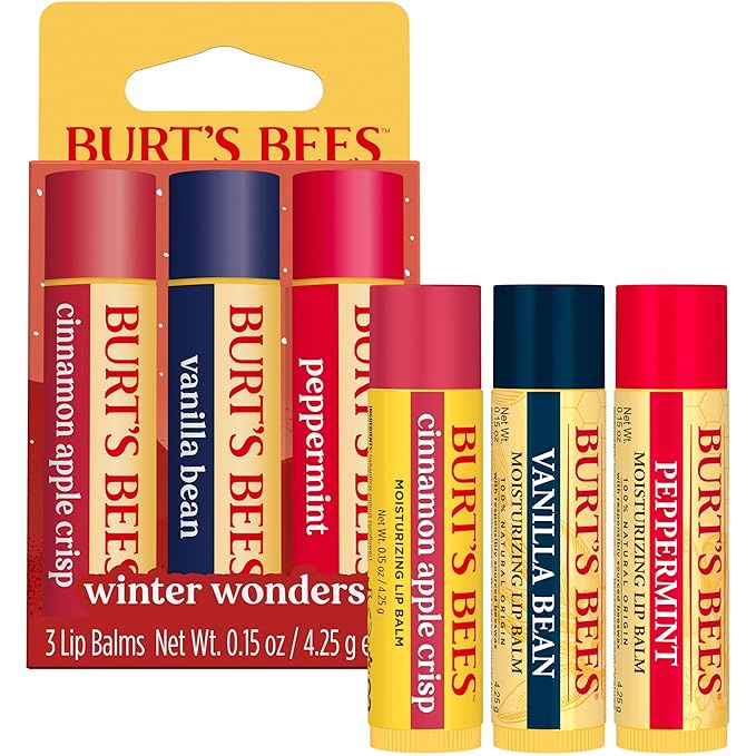 Burt's Bees Stocking Stuffers, Winter Wonders Lip Balm Set for Christmas Gifts, With Responsibily Sourced Beeswax, Natural Origin Lip Care, 3 Tubes, 0.15 oz.