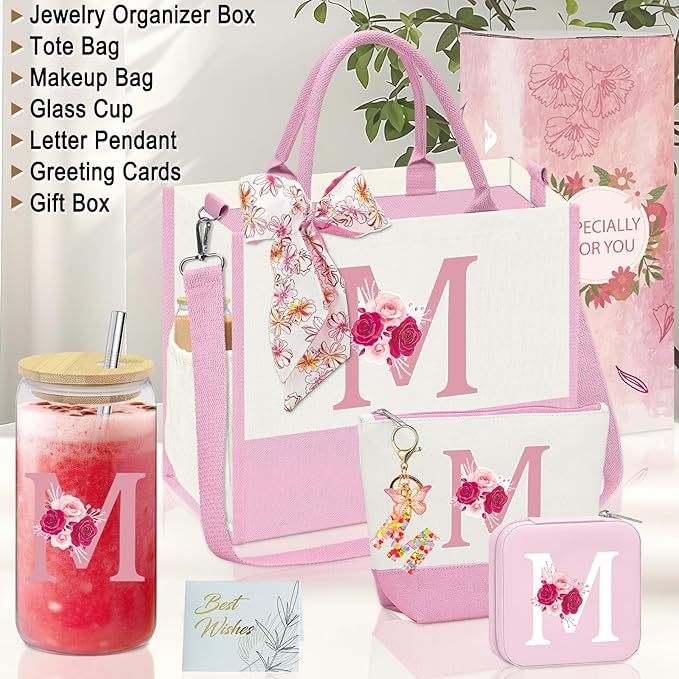 Monogrammed Gifts for Women,Personalized Gift for Women,Initial Canvas Tote Bag,16oz Initial Glass Cup,Makeup Bag for Sister,Jewelry Organizer Box,Birthday Gifts for Aunt Niece-M