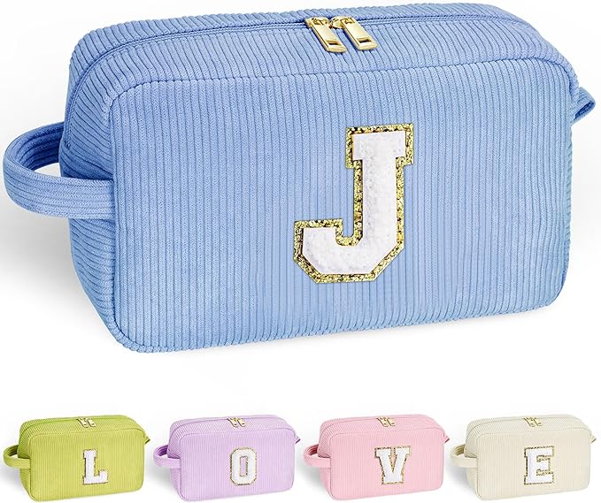 YOOLIFE Birthday Gifts for Women - Cute Makeup Bag Makeup Brush Bag Preppy Bridal Shower Gifts Womens Gifts Blue Makeup Bag Personalized Gifts for Friend Sister Mom Gifts for Women Girls Blue Letter J