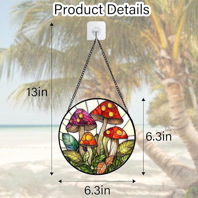 Stained Glass Window Hanging, Mushroom Leaves Suncatcher for Doors Home Sun Catchers Decoration and Christmas, Mother's Day Birthday Gifts for Women, Men, and Mom 6.3 in