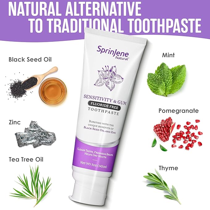 SprinJene Natural Fluoride Free Toothpaste for Sensitive Teeth & Gums – Patented Toothpaste with Black Seed Oil & Zinc – Vegan Dry Mouth Prevention for Fresh Breath – Made in The USA (4 Pack)