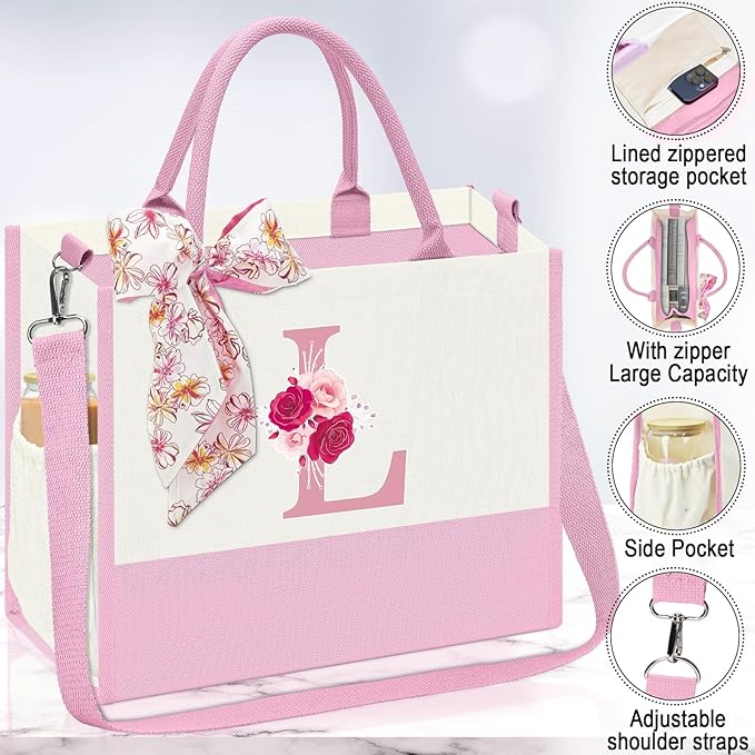 Monogrammed Gifts for Women,Personalized Gift for Women,Initial Canvas Tote Bag,16oz Initial Glass Cup,Makeup Bag for Sister,Jewelry Organizer Box,Birthday Gifts for Aunt Niece-L