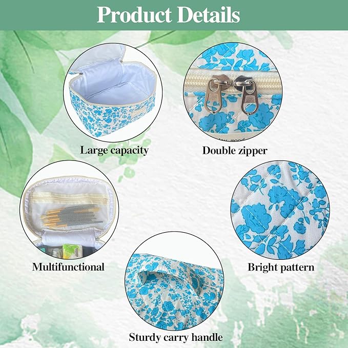 Lake Blue Large Quilted Floral Makeup Bag Set of 3 Cute Coquette Aesthetic Cosmetic Bag Set Travel Toiletry Bag for Women