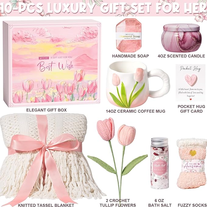 Birthday Gifts for Women Self Care Set Get Well Soon Gift Baskets, Relaxing Rose Spa Gift Basket Care Package for Women, Unique Xmas Gifts for Mom Her Girlfriend Sister Best Friend Wife Grandma