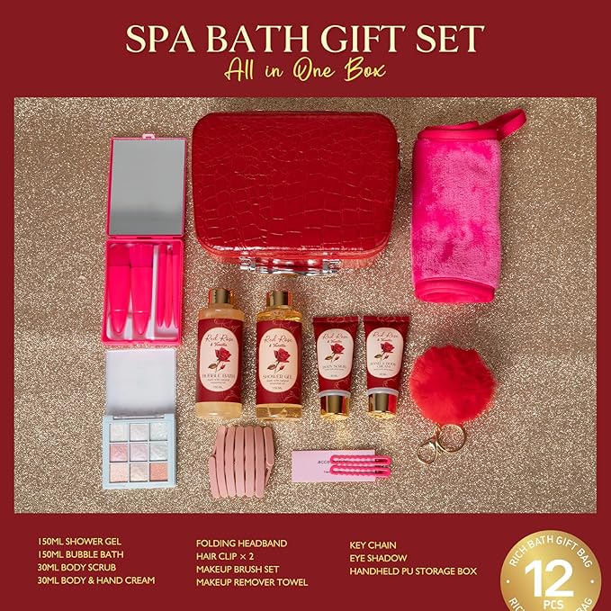 Birthday Gifts for Women Teens Girls, Spa Gift Set, Bath Gift Set for Women, 12 Pcs Rose Vanilla Bath Set, Self Care gifts Bag Makeup Cosmetic Bag, Spa Kit for Teenage Gifts, Daughter Gift Set