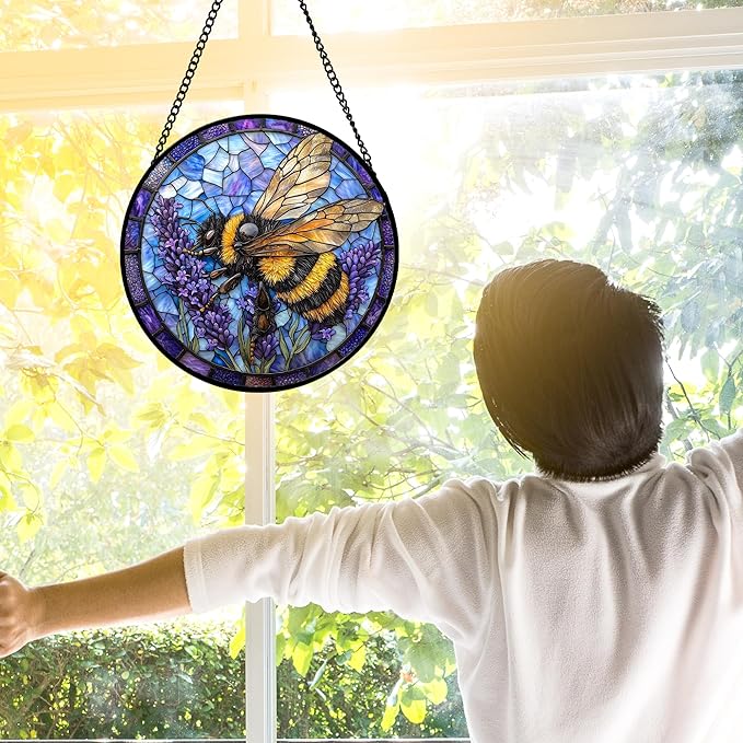 Stained Glass Window Hanging, Bee Lavender Sun Catchers Diamond Glass Panel Hangings Insect Suncatcher Decor for Birthday for Women, Men, Wife, Aunt, and Mom7.8 in