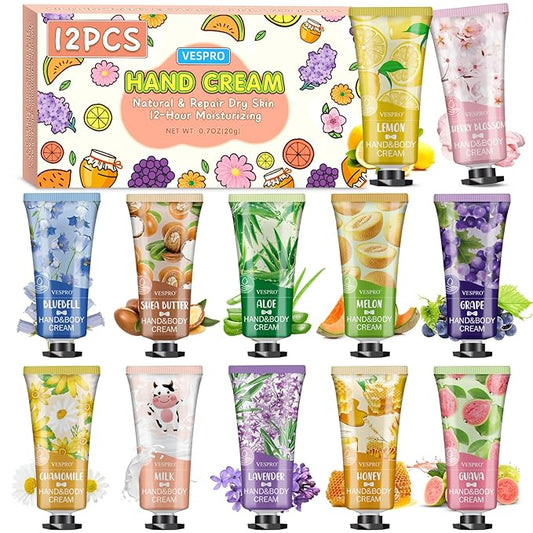 VESPRO 12 Pack Hand Cream Set For Women, Bulk Hand Lotion Travel Size for Dry Cracked Hands, Mini Moisturizing Hand Lotion for Teacher Appreciation Gifts, Thank You Gifts and Bridal Shower Favors