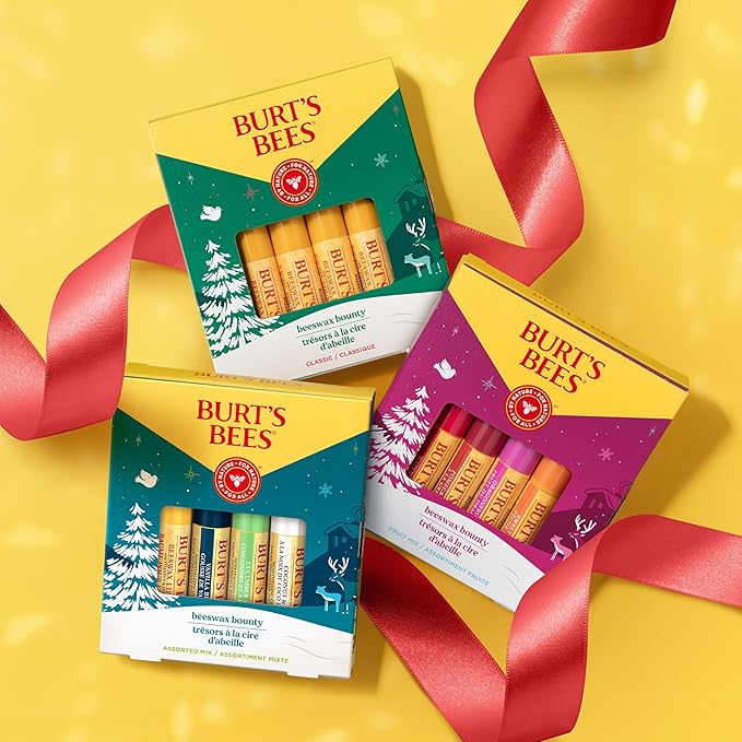 Burt's Bees Christmas Gifts, 4 Lip Balms Stocking Stuffers Products, Beeswax Bounty Fruit Mix - Watermelon, Pomegranate, Dragonfruit Lemon & Sweet Peach (4-Pack)