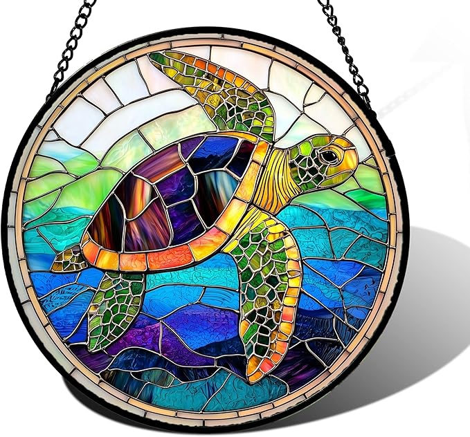 Stained Glass Window Hanging, Colored Turtle Ocean Suncatcher Diamond Glass Panel Hangings Marine Life Sun Catchers Decor for Birthday for Women, Men, Wife, Aunt, Mom 6.3 in
